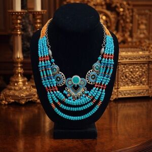 Statement Turquoise Beaded Southwestern Boho Multi Strand Bib Necklace